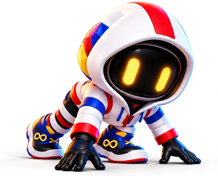 Loopa, our robot in a striped hoodie, crouched in a sprint start